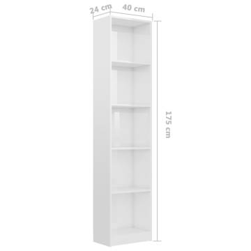 5-Tier High Gloss White Book Cabinet - Stylish Storage Solution