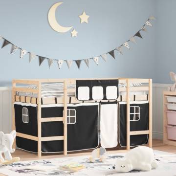 Kids' Loft Bed with Curtains - White & Black, Solid Pine Wood