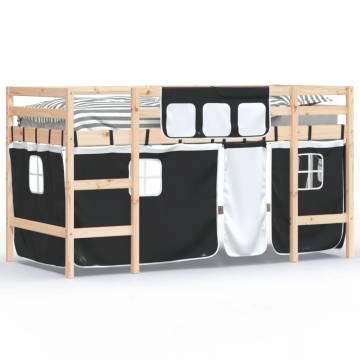 Kids' Loft Bed with Curtains - White & Black, Solid Pine Wood