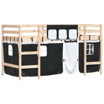 Kids' Loft Bed with Curtains - White & Black, Solid Pine Wood