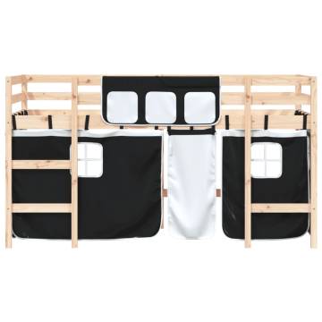 Kids' Loft Bed with Curtains - White & Black, Solid Pine Wood