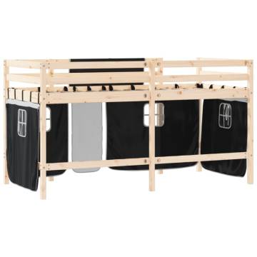 Kids' Loft Bed with Curtains - White & Black, Solid Pine Wood