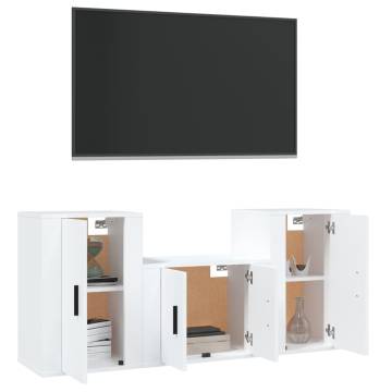 3 Piece White Engineered Wood TV Cabinet Set - Stylish & Practical