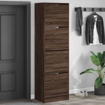 Shoe Cabinet with 4 Flip-Drawers in Brown Oak - 60x42x204 cm