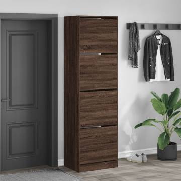 Shoe Cabinet with 4 Flip-Drawers in Brown Oak - 60x42x204 cm