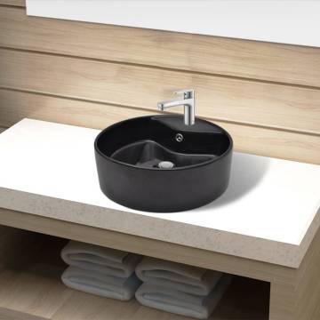 Ceramic Bathroom Sink Basin Faucet - Black Round Stylish Design