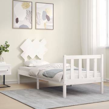 White Small Single Bed Frame with Headboard | Solid Pine Wood