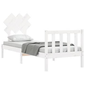 White Small Single Bed Frame with Headboard | Solid Pine Wood