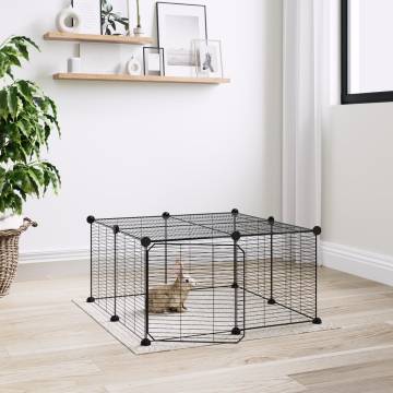 12-Panel Pet Cage with Door - Black Steel 35x35 cm | HipoMarket