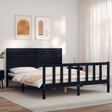 Black Bed Frame with Headboard 160x200 cm - Solid Wood Durable