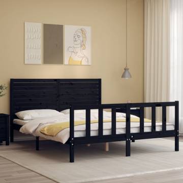 Black Bed Frame with Headboard 160x200 cm - Solid Wood Durable