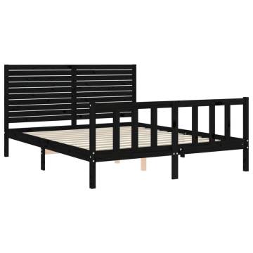 Black Bed Frame with Headboard 160x200 cm - Solid Wood Durable