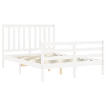 White Double Bed Frame with Headboard - Solid Pine Wood