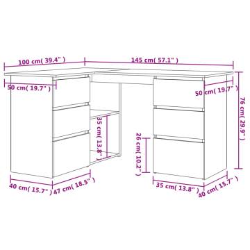 Corner Desk White 145x100 cm - Durable Engineered Wood