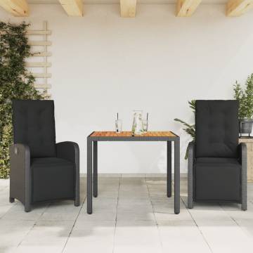 3 Piece Bistro Set with Cushions - Black Poly Rattan