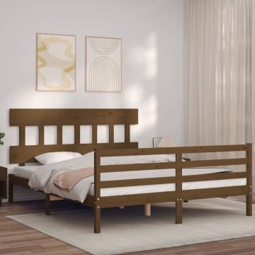 Honey Brown King Size Bed Frame with Headboard - Solid Wood