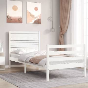 White Small Single Bed Frame with Headboard - Solid Pine