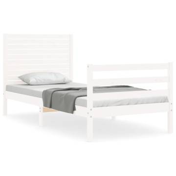 White Small Single Bed Frame with Headboard - Solid Pine