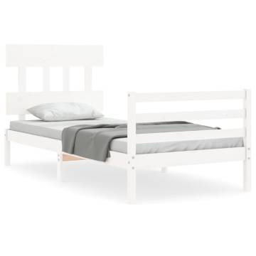 White Small Single Bed Frame with Headboard - Solid Wood