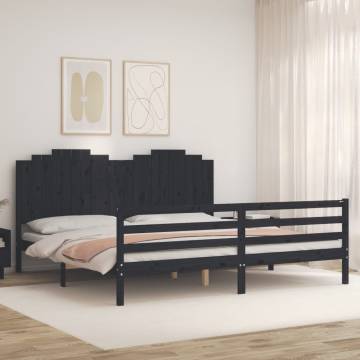 Black Bed Frame with Headboard - 200x200 cm Solid Wood