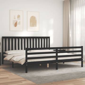 Black Bed Frame with Headboard - Solid Pine Wood 200x200 cm