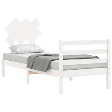 White Small Single Bed Frame with Headboard | Solid Pine Wood