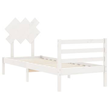 White Small Single Bed Frame with Headboard | Solid Pine Wood