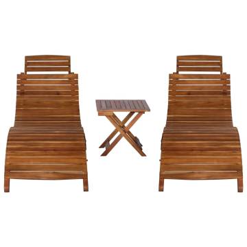 3 Piece Sunlounger Set with Tea Table - Solid Acacia Wood