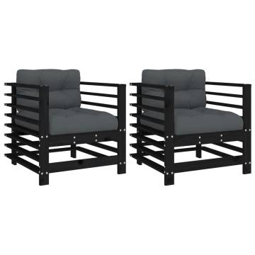 Garden Chairs with Cushions - 2 pcs Black Solid Pine Wood