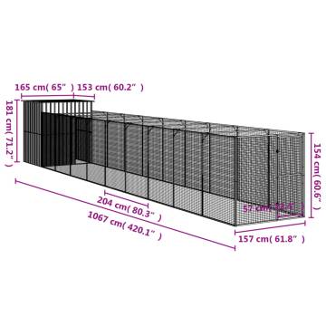 Dog House with Run - Light Grey Galvanised Steel 165x1067 cm