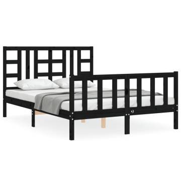 Stylish Black Bed Frame with Headboard - 140x200 cm - Solid Wood