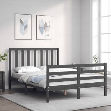 Stylish Grey Bed Frame with Headboard - 140x190 cm Solid Wood