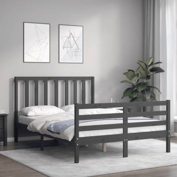 Stylish Grey Bed Frame with Headboard - 140x190 cm Solid Wood