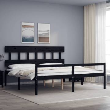 Black Bed Frame with Headboard | 200x200 cm Solid Wood