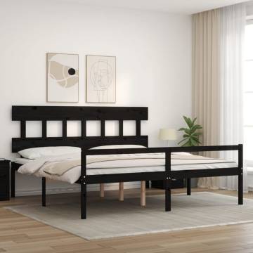 Black Bed Frame with Headboard | 200x200 cm Solid Wood