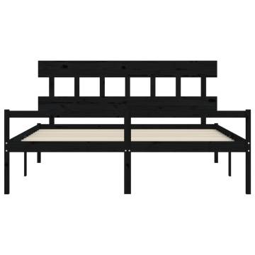 Black Bed Frame with Headboard | 200x200 cm Solid Wood