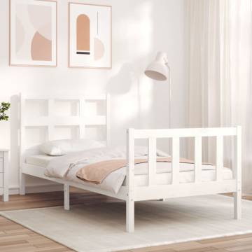 White Small Single Bed Frame with Headboard - Solid Wood