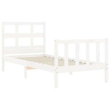 White Small Single Bed Frame with Headboard - Solid Wood