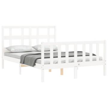 White Double Bed Frame with Headboard | Solid Pine Wood