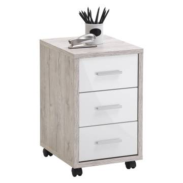 FMD Mobile Drawer Cabinet - Sand Oak & High Gloss White