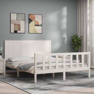 White Bed Frame with Headboard 160x200 cm - Solid Wood | HipoMarket