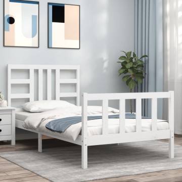 White Single Bed Frame with Headboard - Solid Pine Wood 90x190 cm