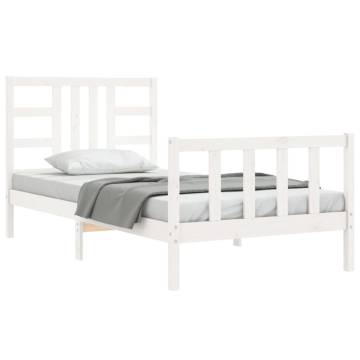 White Single Bed Frame with Headboard - Solid Pine Wood 90x190 cm