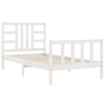 White Single Bed Frame with Headboard - Solid Pine Wood 90x190 cm