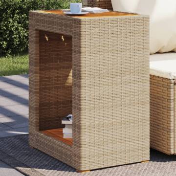 Beige Garden Side Table with Wooden Top | Poly Rattan 60x40x75 cm