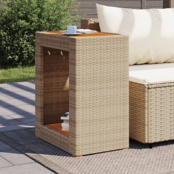 Beige Garden Side Table with Wooden Top | Poly Rattan 60x40x75 cm