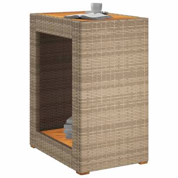 Beige Garden Side Table with Wooden Top | Poly Rattan 60x40x75 cm