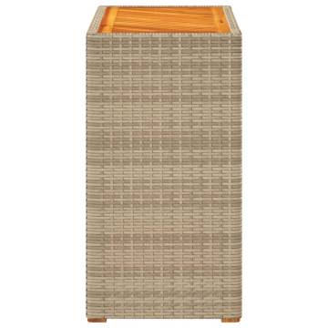 Beige Garden Side Table with Wooden Top | Poly Rattan 60x40x75 cm