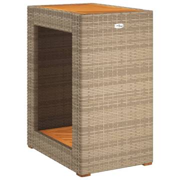 Beige Garden Side Table with Wooden Top | Poly Rattan 60x40x75 cm