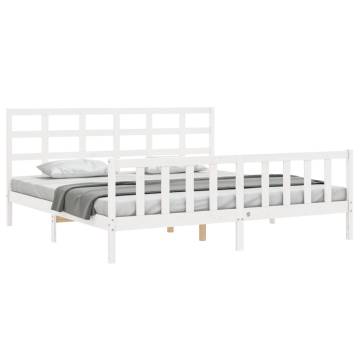 Stylish White Bed Frame with Headboard - 200x200 cm Solid Wood